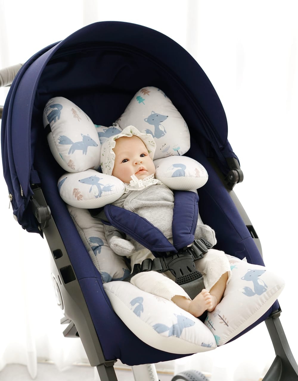 เบาะรองรถเข็น คาร์ซีท ARIBEBE ผ้า MICROMODAL ลายสุนัขจิ้งจอก ฟ้า/ขาว